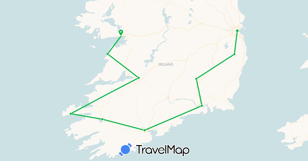 TravelMap itinerary: driving, bus in Ireland (Europe)
